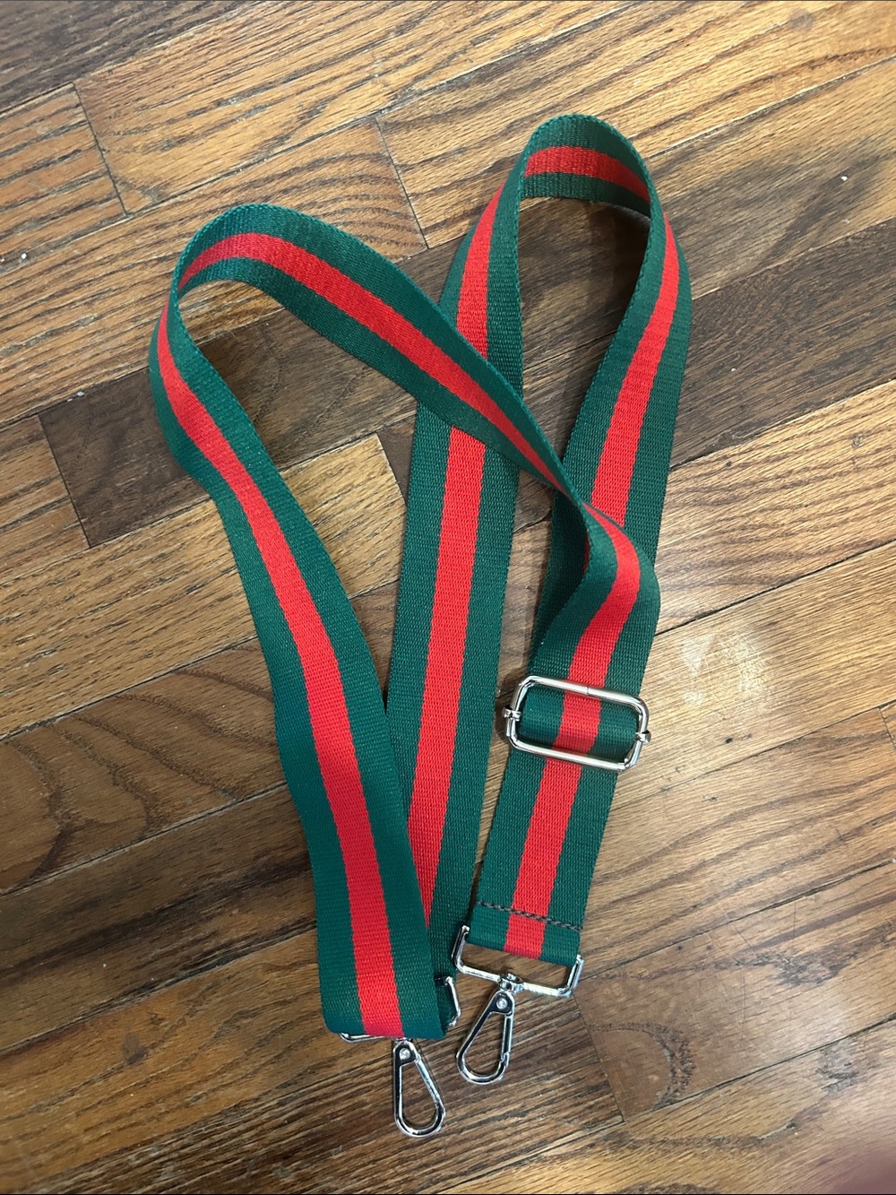 Striped Green and Red Removable Bag Strap with Silver Hardware